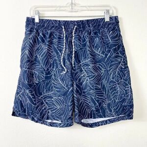 Men’s Navy Blue & White Tropical Leaf Pattern Swim Trunks Board Shorts Size S